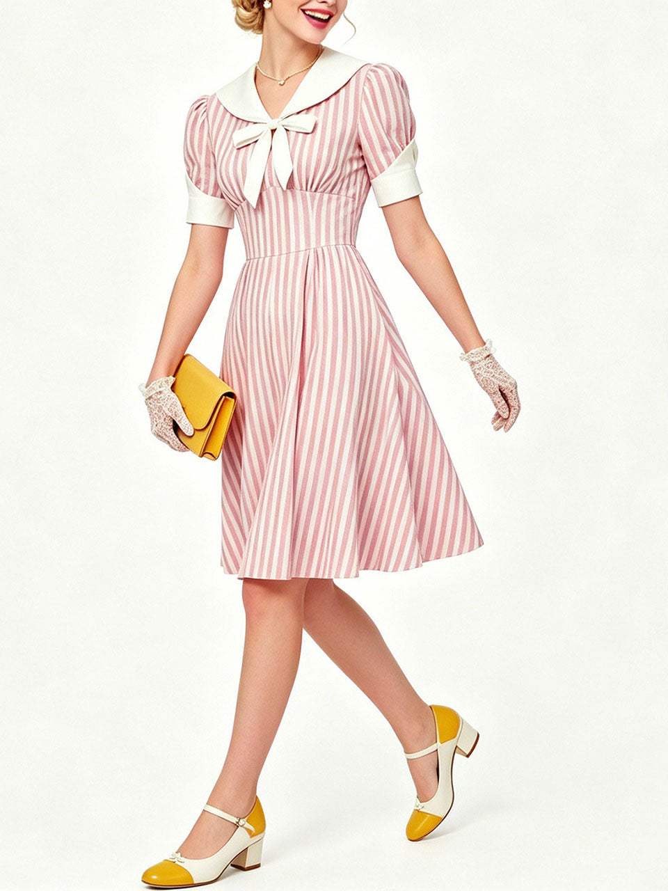Pink Vertical Stripe Sailor Collar Vintage Dress