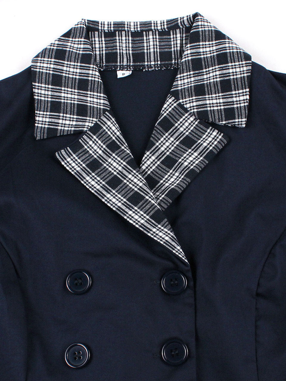 Vintage Double-Breasted Navy Gingham Collar Shirt Dress