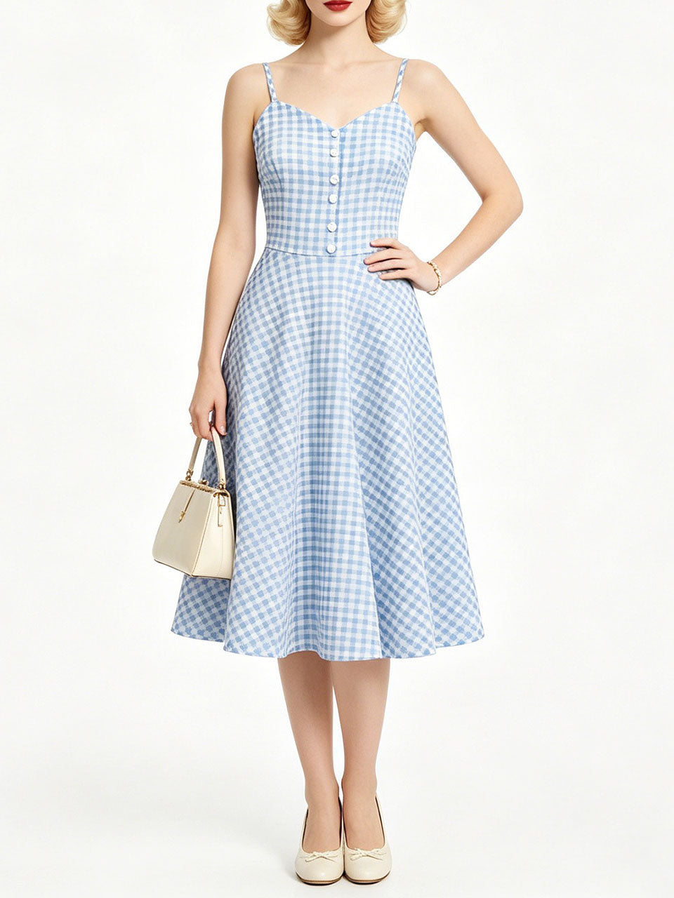 1950s Green Gingham Button Front Spaghetti Strap Swing Summer Picnic Dress