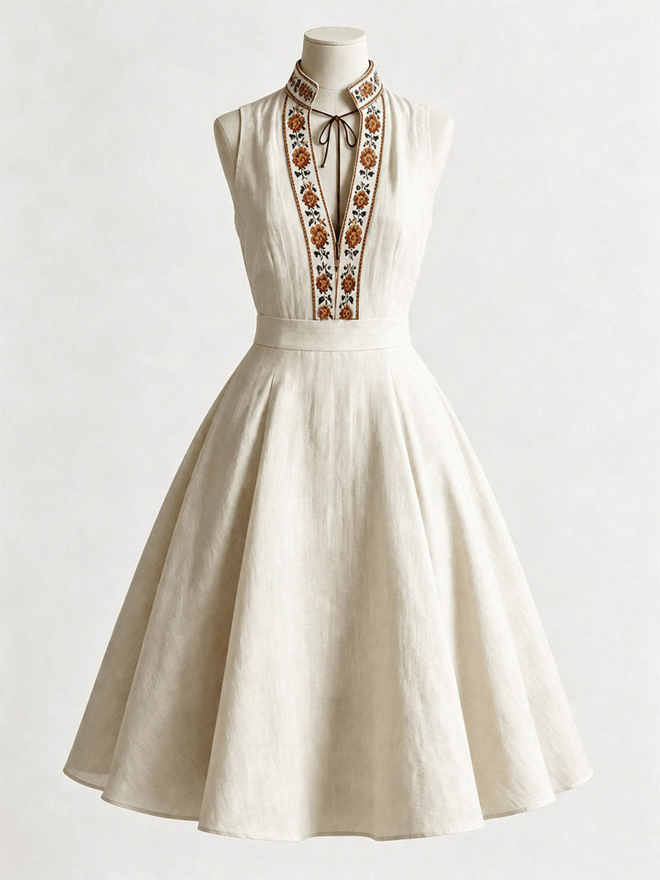 1970s Boho Embroidered Halter V-Neck Linen Midi Dress