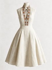 1970s Boho Embroidered Halter V-Neck Linen Midi Dress