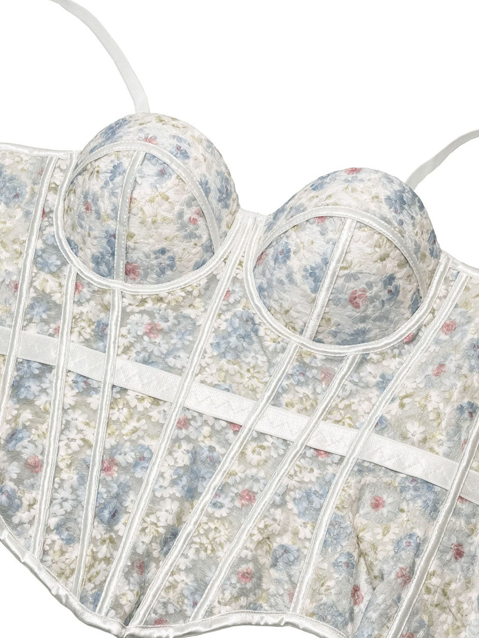 Pink Floral Embroidered Corset Top - Sheer Boned Spaghetti Strap Bustier