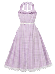 1950s Purple Plaid Vintage Halter Swing Dress