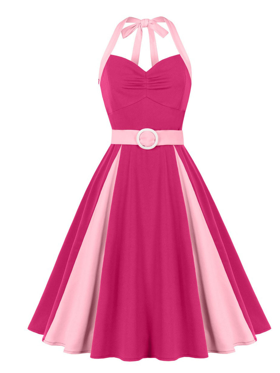 Barbiecore Pink Two-Tone 1950s Sweetheart Halter Neck Swing Dress