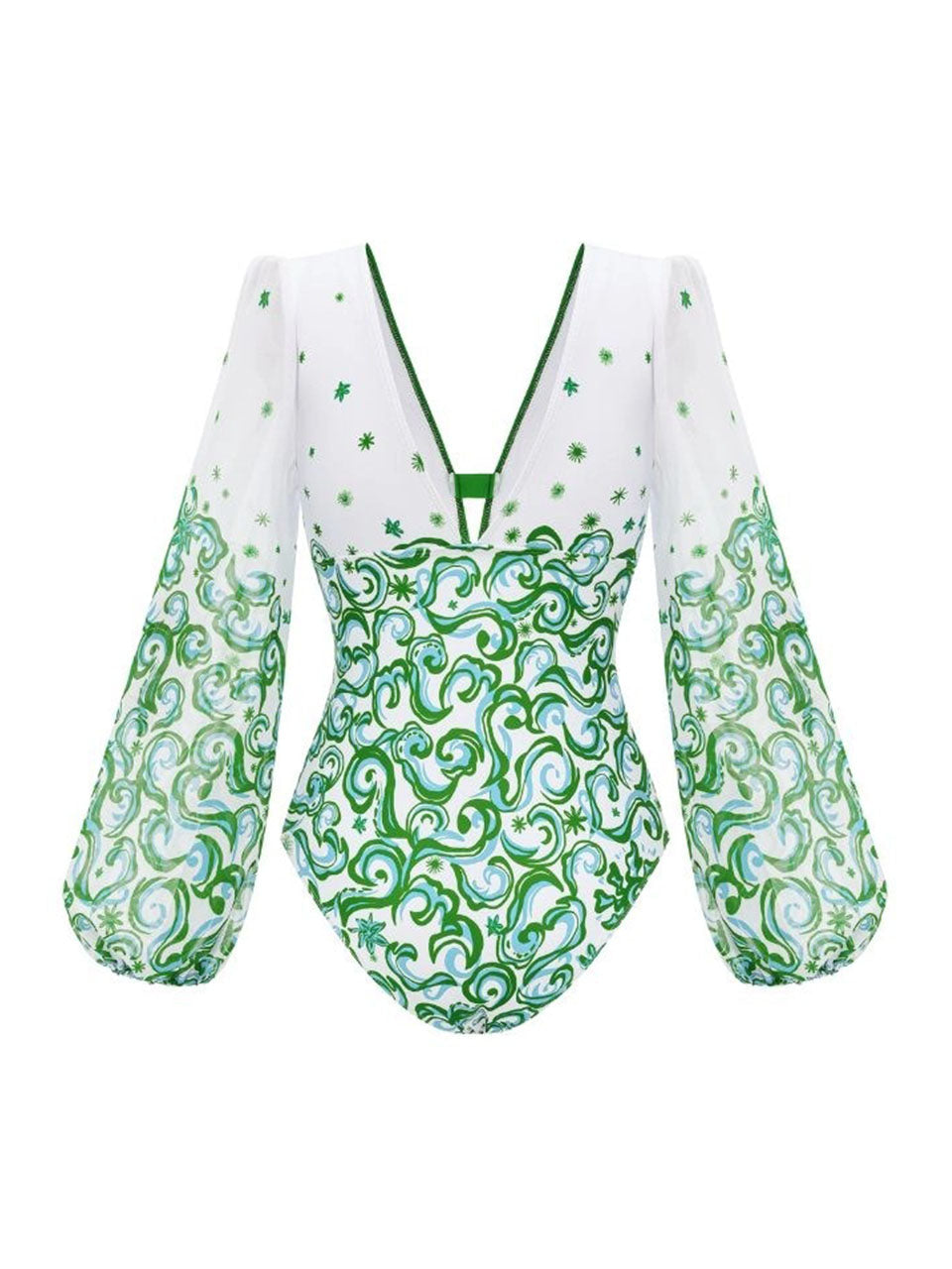 2PS Green Long Sleeve Baroque Swimsuit