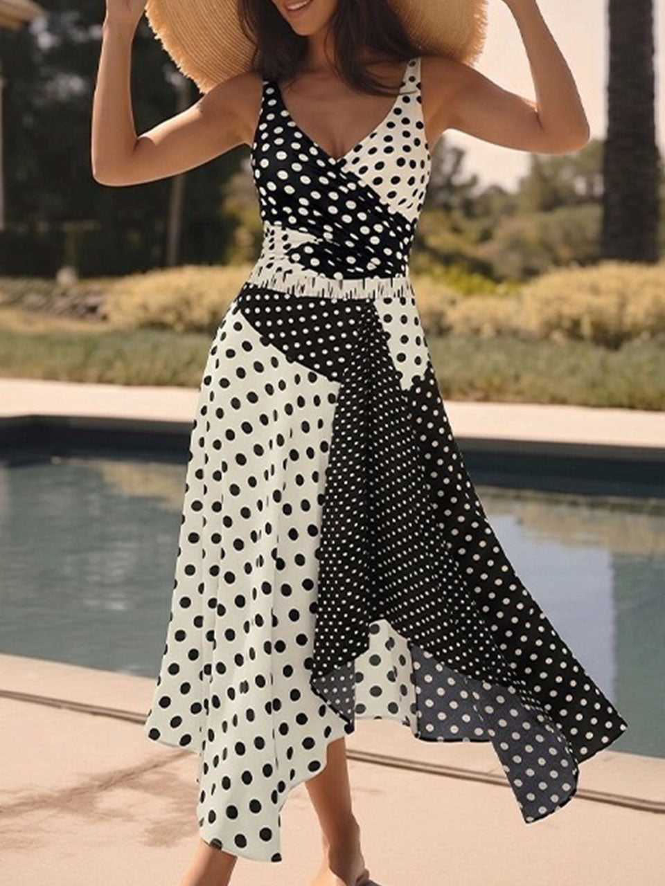 Split Color Block Polka Dot Ruched V-Neck Bathing Suit and Asymmetric Hem Beach Skirt Set