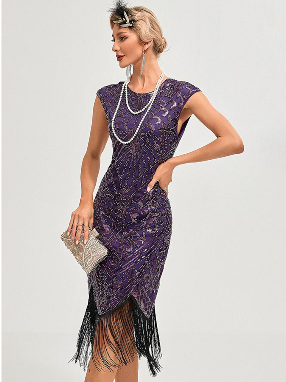 1920s Flapper Dress Gatsby Costume Burgundy Black Sequined Fringe Party Dress