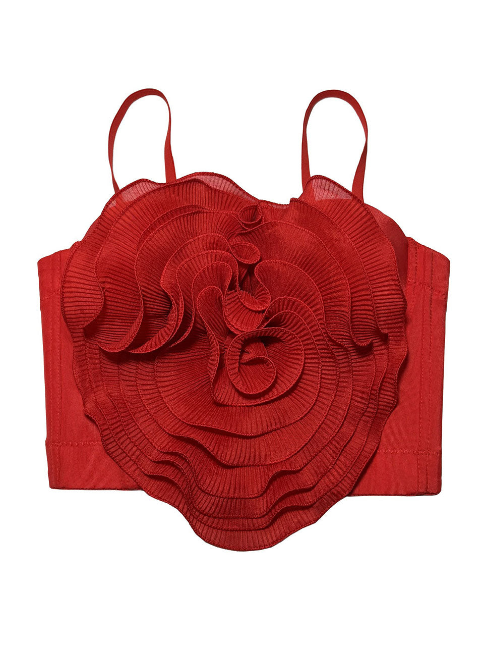 Red Rose Flower Corset Top - Pleated 3D Floral Spaghetti Strap Bustier