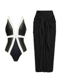 Black and White Colorblock V-Neck Swimsuit & Tie-Front Sarong Skirt Set