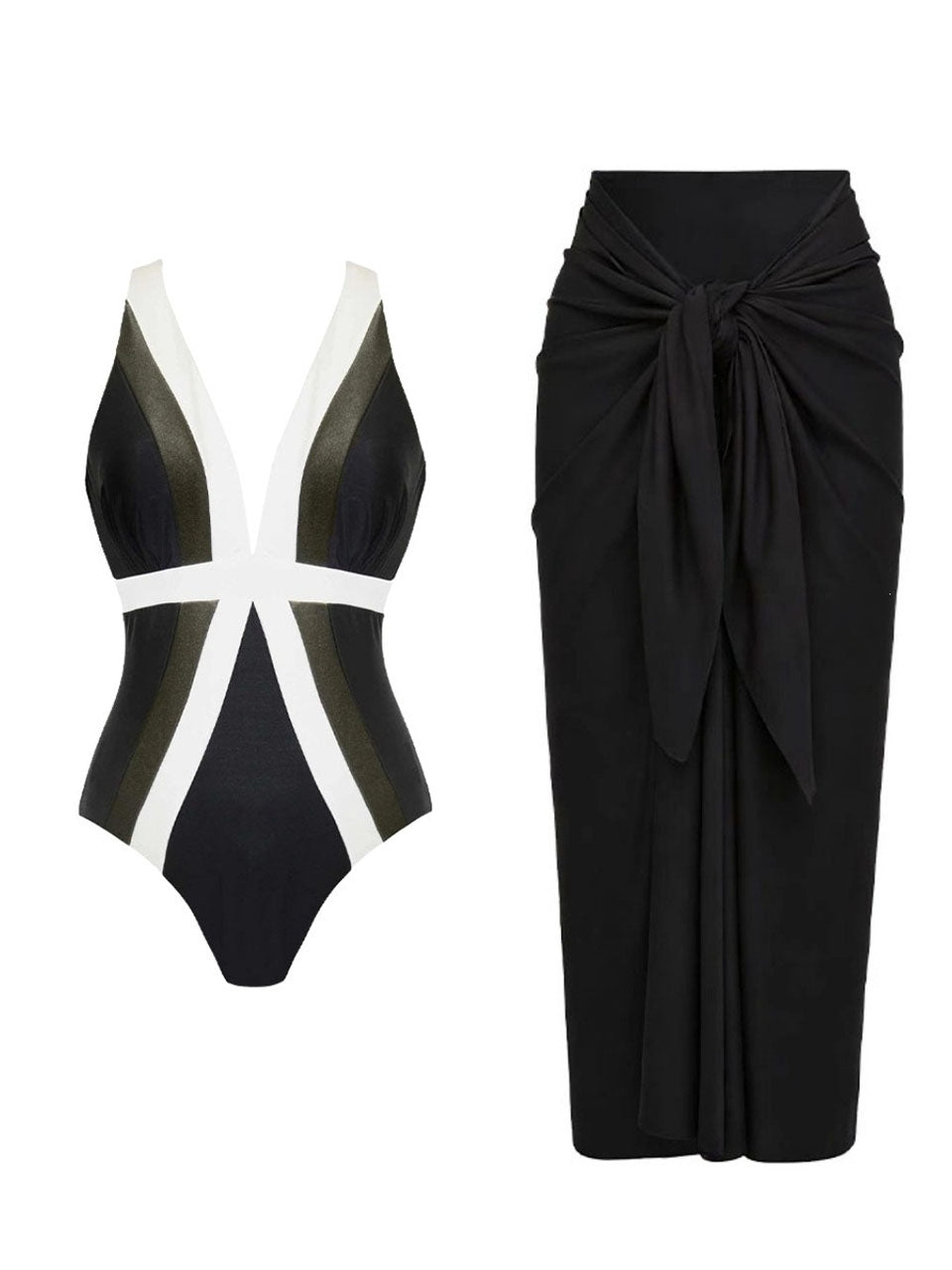 Black and White Colorblock V-Neck Swimsuit & Tie-Front Sarong Skirt Set