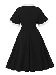 1950s Vintage Black & White Lapel Short Sleeve Swing Dress