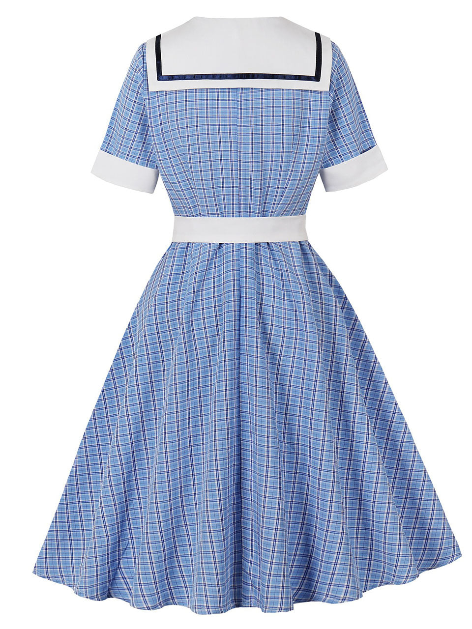 1950s Blue Plaid Vintage Sailor Collar Short Sleeve Swing Dress