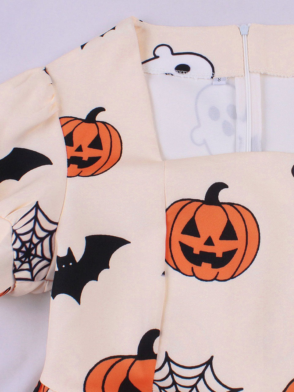 1950s Orange Square Neck Short Sleeve Halloween Pumpkin Print Vintage Swing Dress