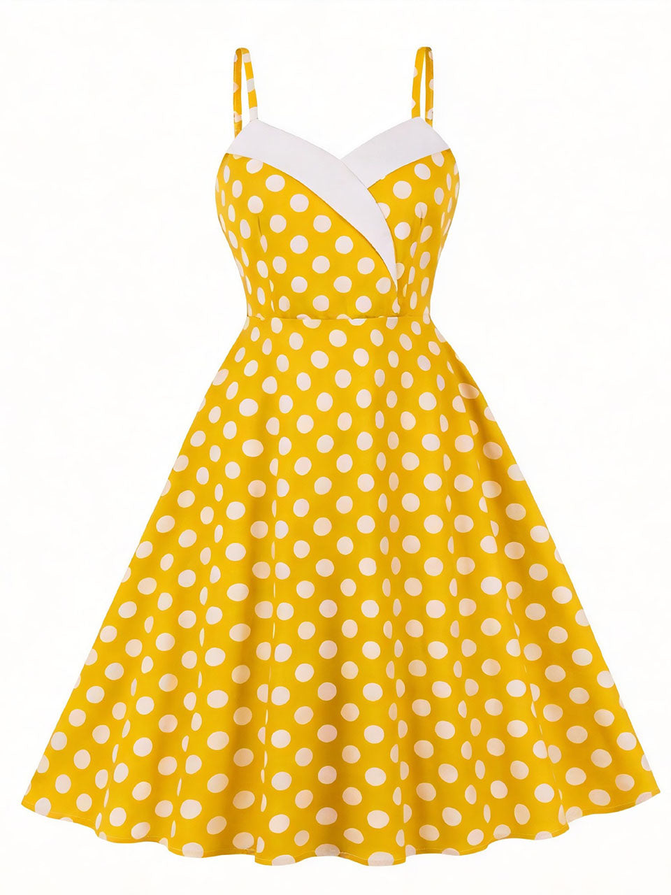 1950s Yellow Polka Dot  Lapel Strap Midi Dress