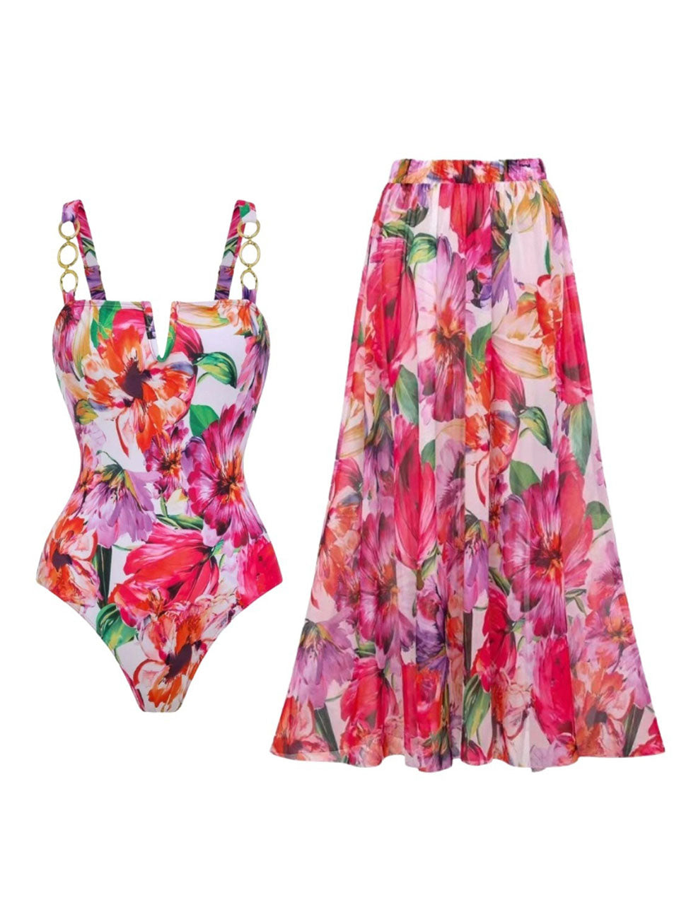 Red Tropical Floral One Piece Swimsuit  and Beach Cover Up Swing Skirt