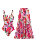 Red Tropical Floral One Piece Swimsuit  and Beach Cover Up Swing Skirt