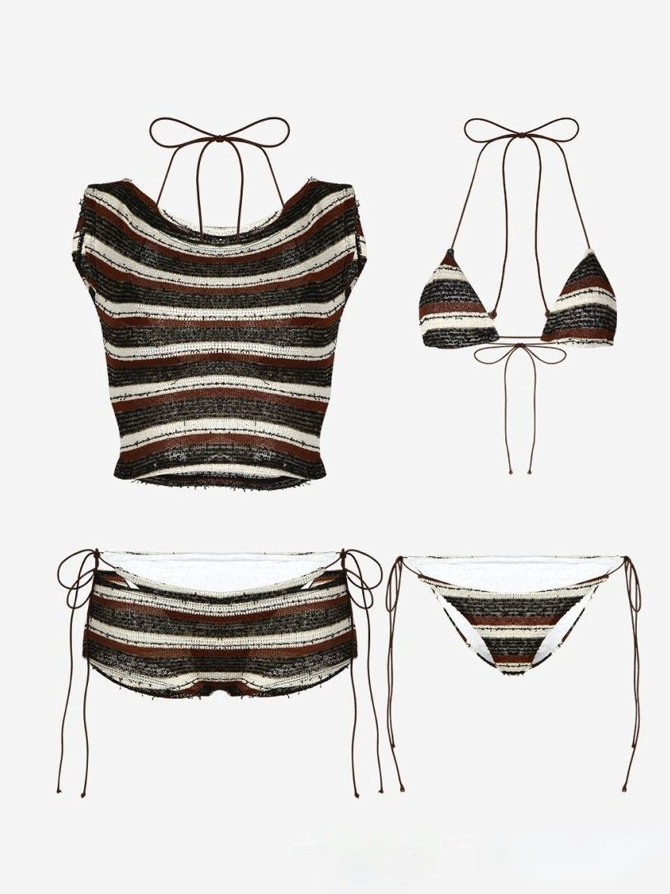 Brown Striped Knit 4-Piece Bikini Set