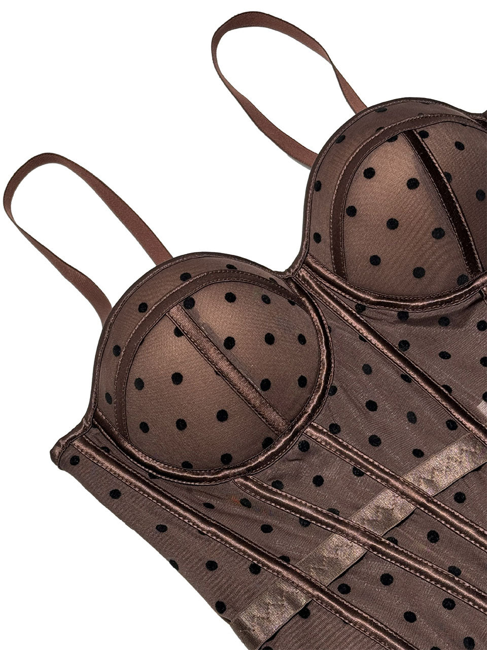 Pink Polka Dot Mesh Corset Top - Sheer Boned Spaghetti Strap Bustier