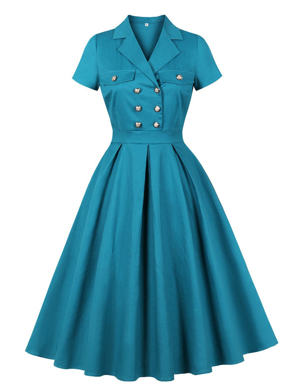 1950s Teal Blue Retro Double Breasted Lapel Collar Swing Dress