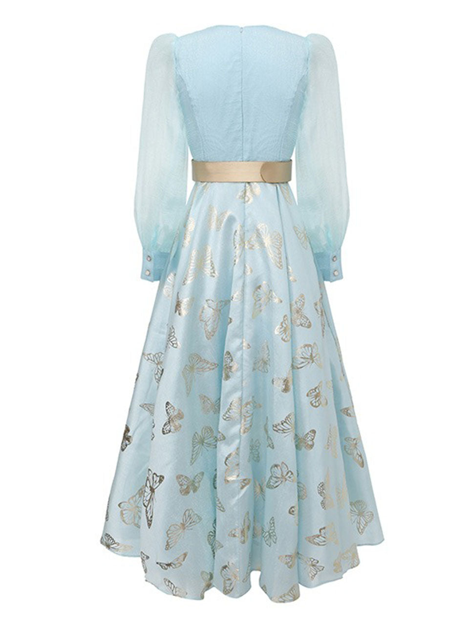 Gold Foil Butterfly Print Pink Vintage Square Neck Maxi Dress