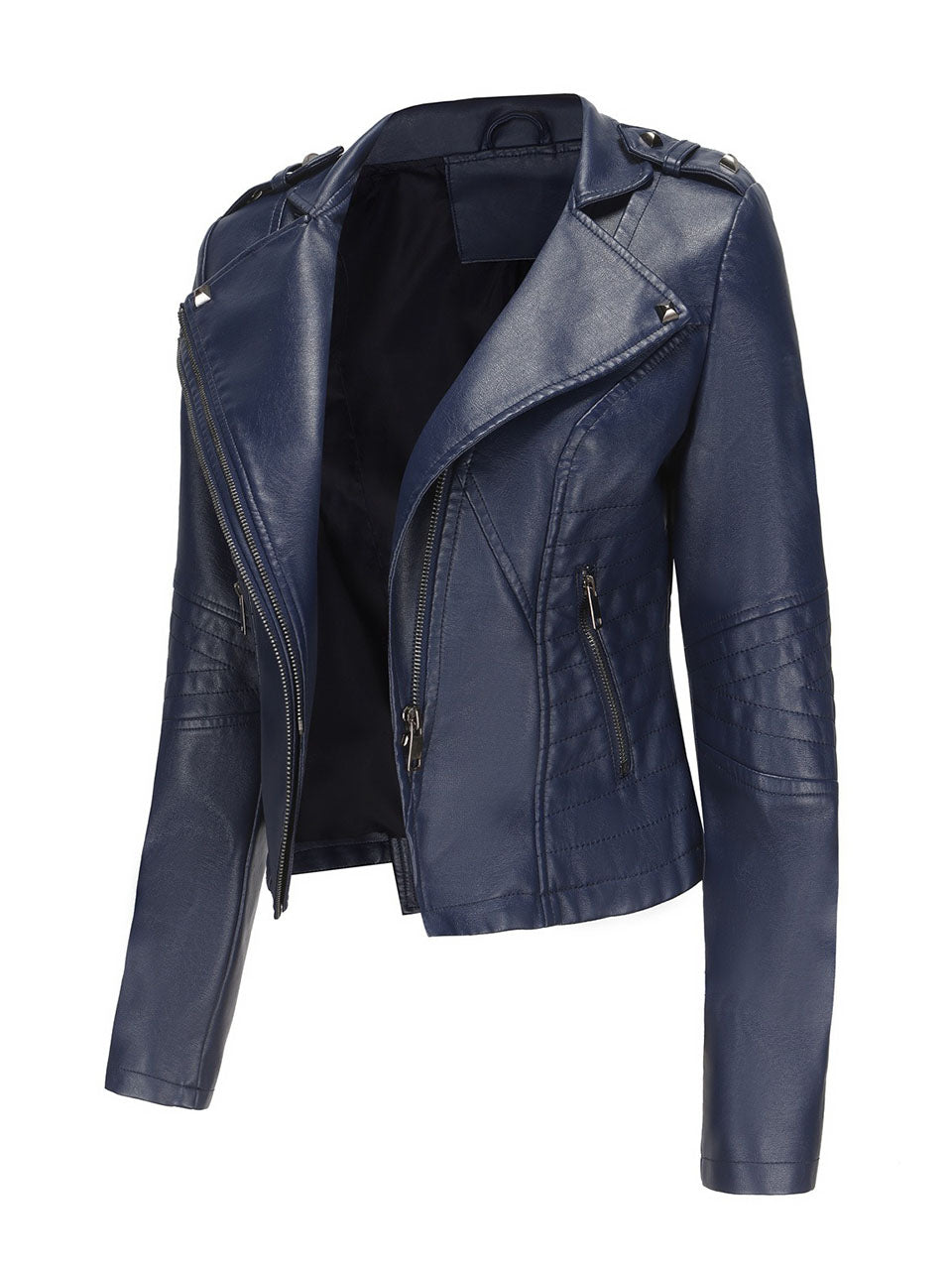 Navy Blue Faux Leather Motorcycle Jacket | Slim Fit Asymmetrical Zip Moto Biker Coat