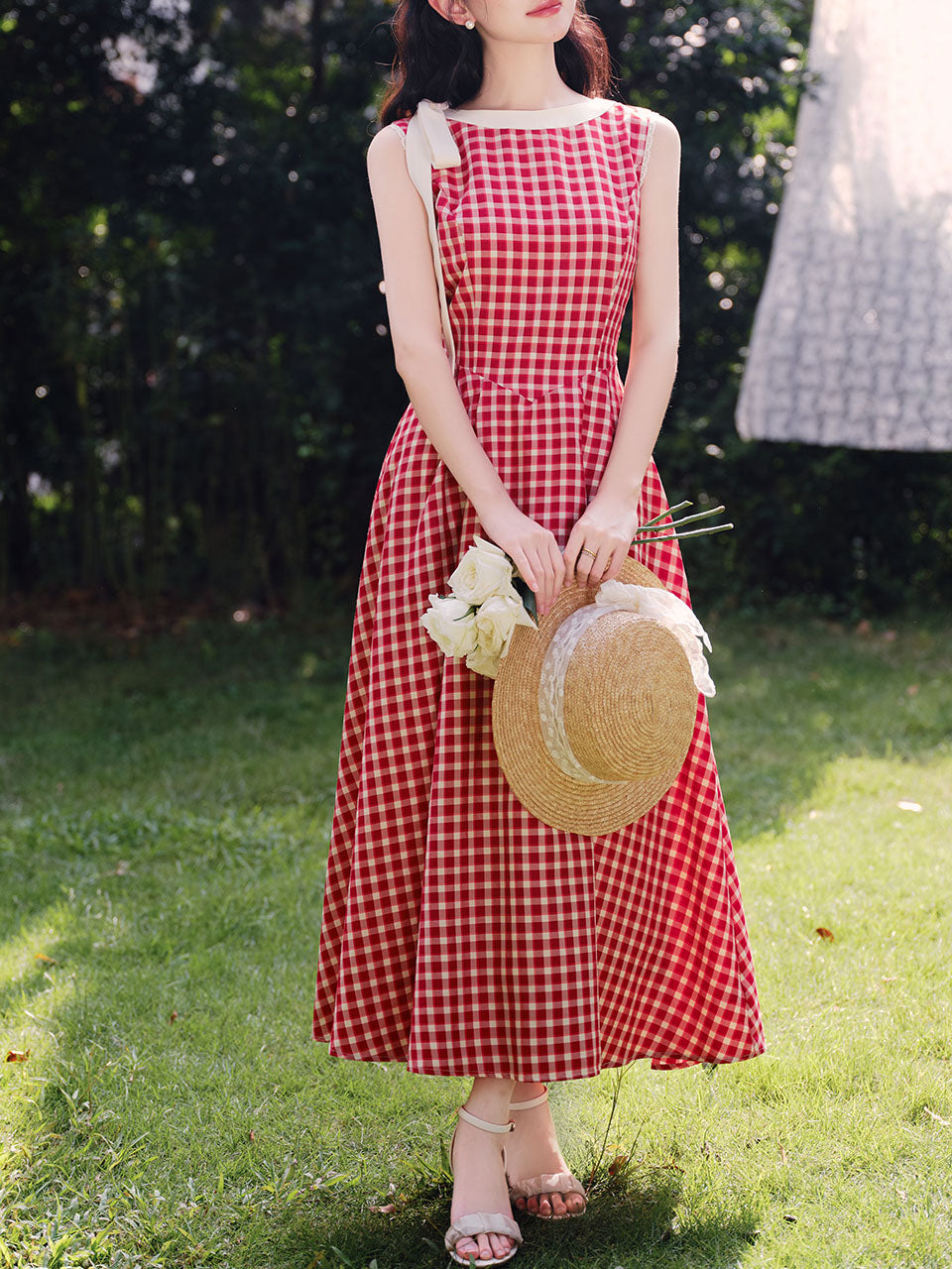 Red Plaid Print Sleeveless 1950S Vintage Dress