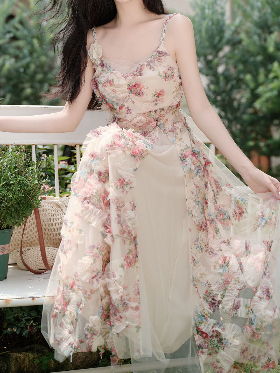 2PS Pink Spaghetti Strap Floral Mesh Ruffles Fairycore Dress