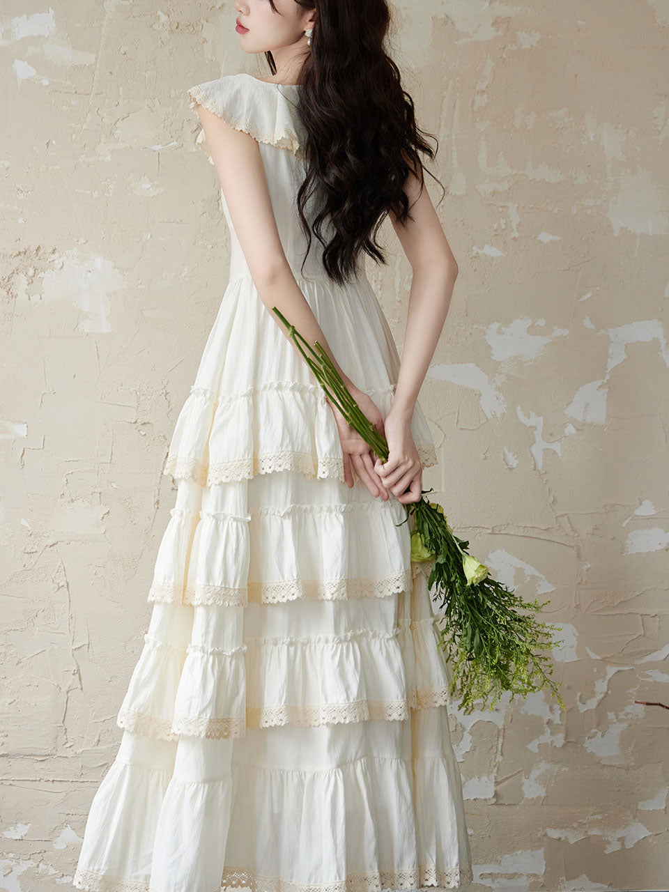 White Ruffles V Neck Layered Lace Maxi Vintage Dress