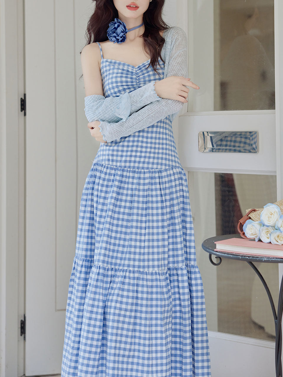 3PS Blue Plaid Spaghetti Strap Dress