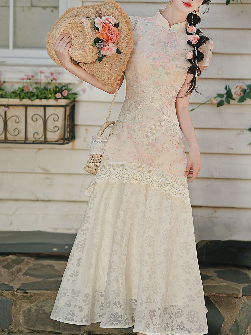 Pink Pastel Floral Lace Cheongsam Dress