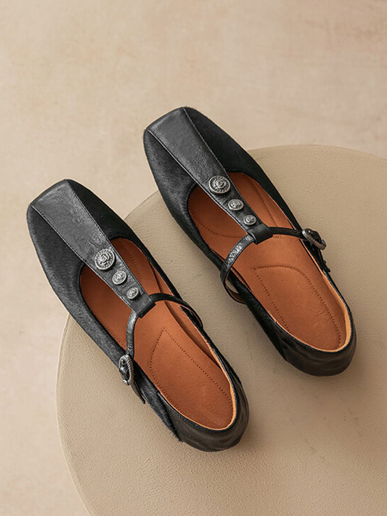 Flat Heel Leopard Square Toe T-strap Vintage Shoes