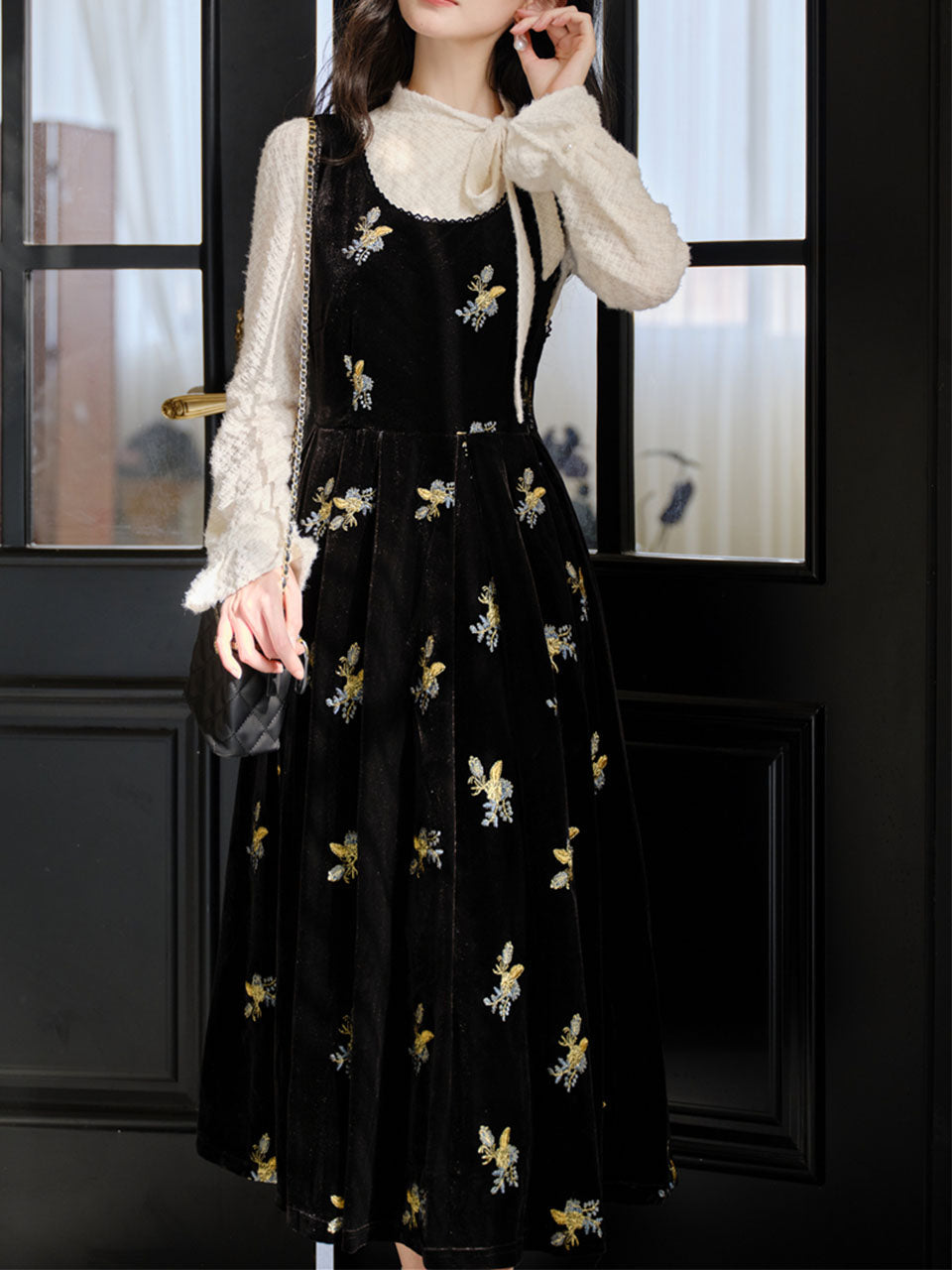 Two-Piece Set White Brushed-Lace Sweater and Black Floral Embroidered Velvet Dress