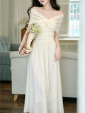 White Off Shoulder Sweetheart Vintage Wedding Maxi Dress