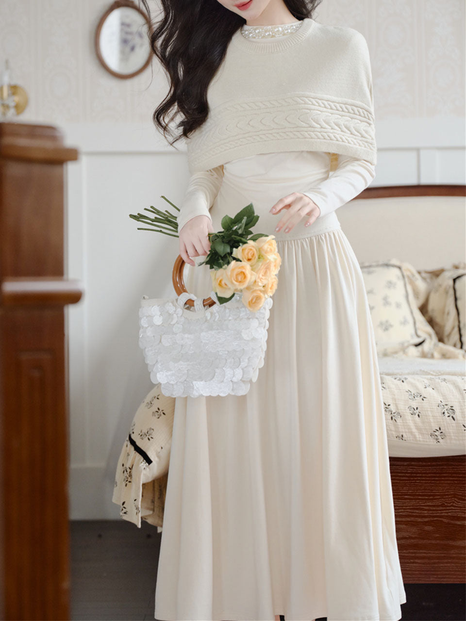 White Two-Piece Set Pearl Beaded Long Sleeve Dress
