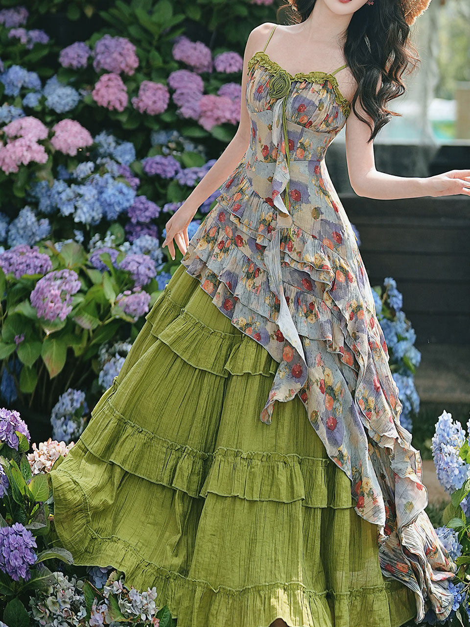 2PS Boho Gypsy Floral Asymmetrical Maxi Dress Whimsical Green Crinkled Tiered Ruffle Dress for Festival