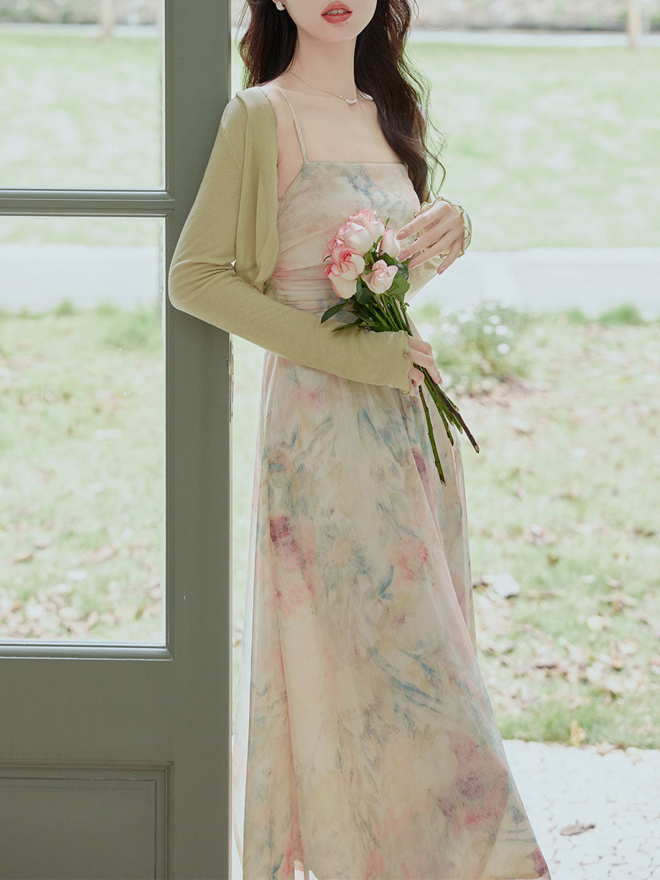 2PS Light Pink Floral Print Spaghetti Strap Dress