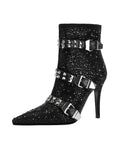 Black High Heel Pointed Toes Luxury Flower Bling Rhinestone Bootie Shoes