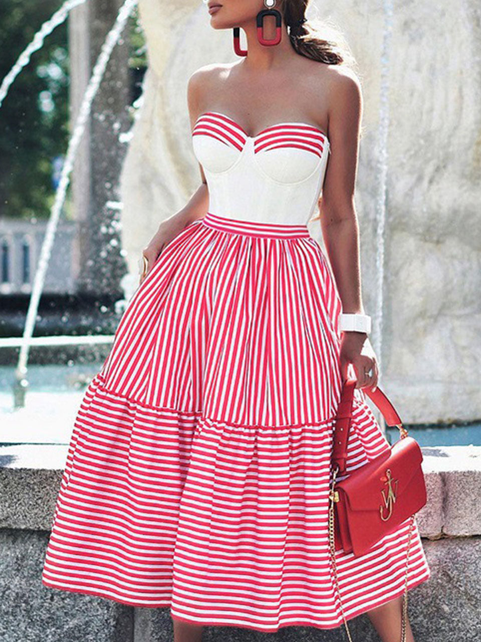 Pink and White Vertical Striped Bandeau One-Piece Swimsuit