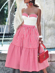 Pink and White Vertical Striped Bandeau One-Piece Swimsuit