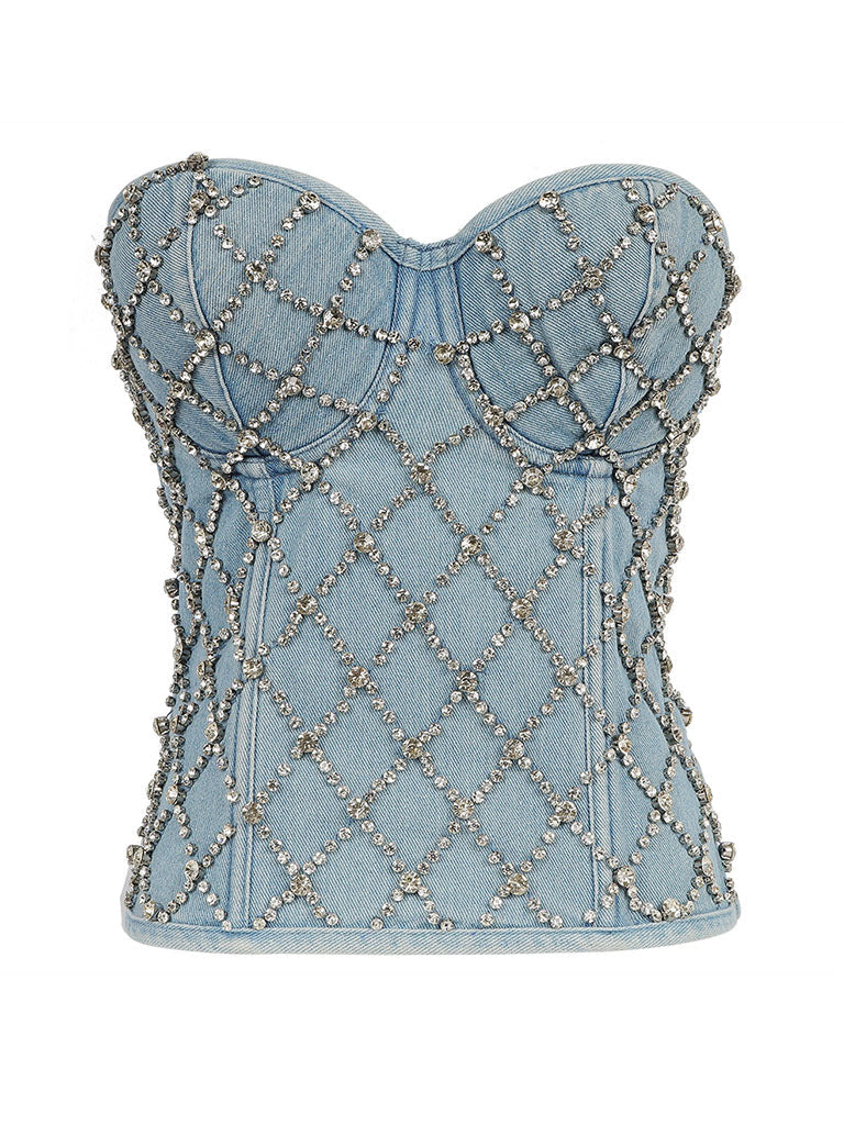 Denim Handmade Rhinestones Corset Camisole Top