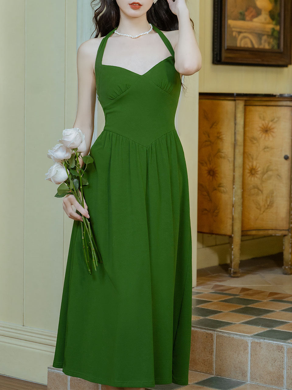 Green Halter Backless Vintage Dress Prom Dress