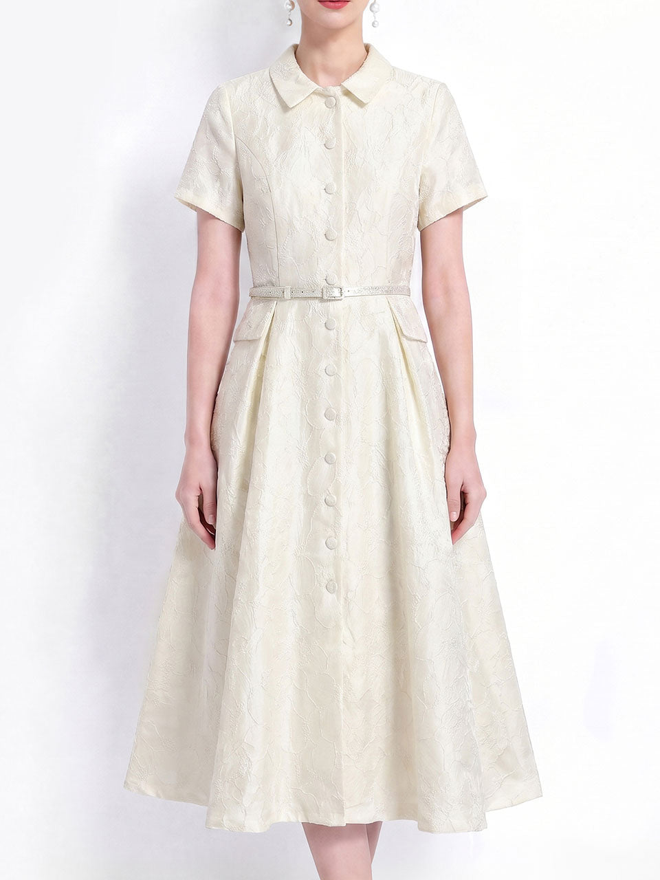 Pink Jacquard Elegant Embossed Floral Shirt Dress