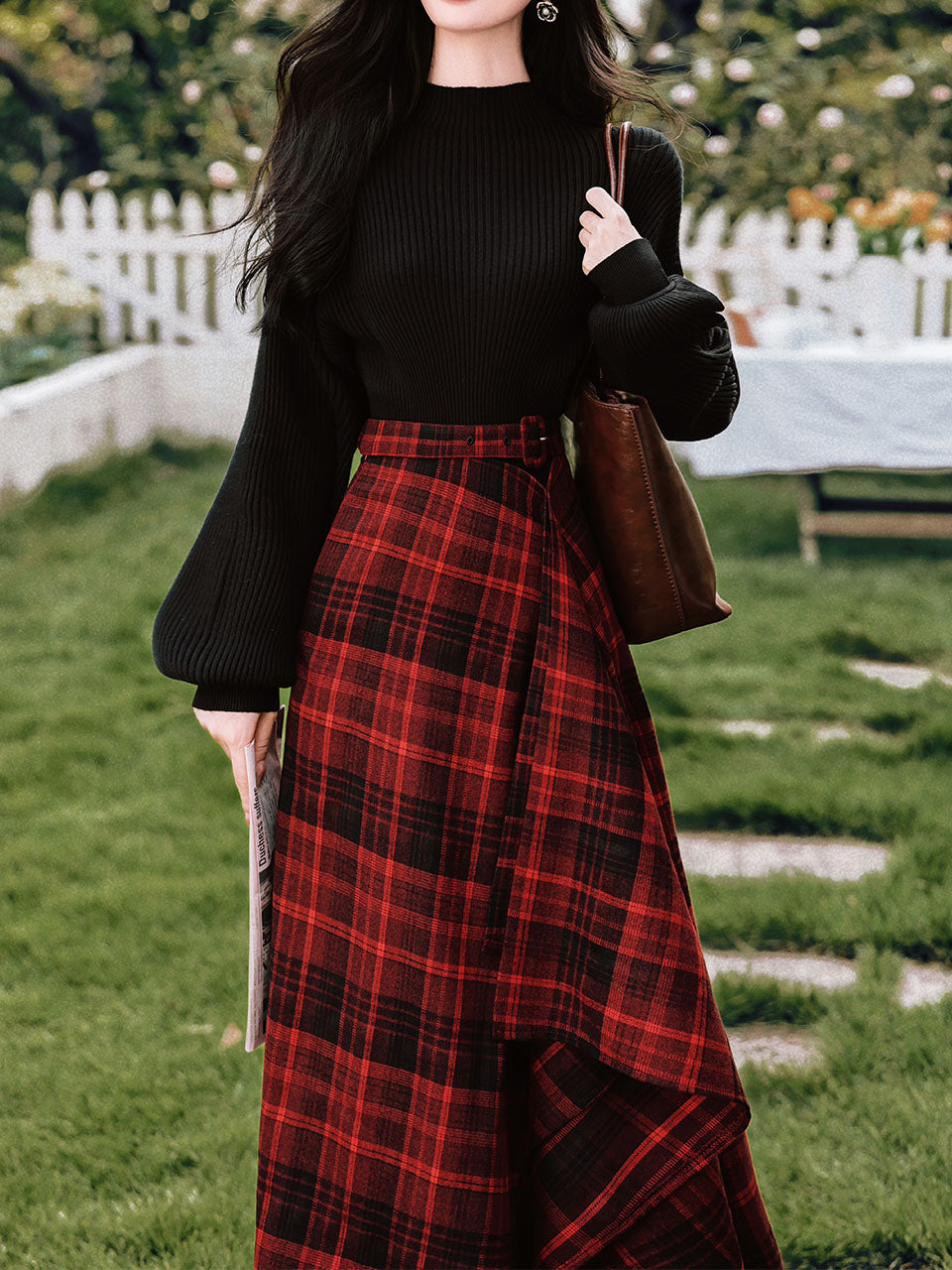2PS Black Sweater And Red Plaid Swing Skirt 1950S Vintage Audrey Hepburn's Style Outfits