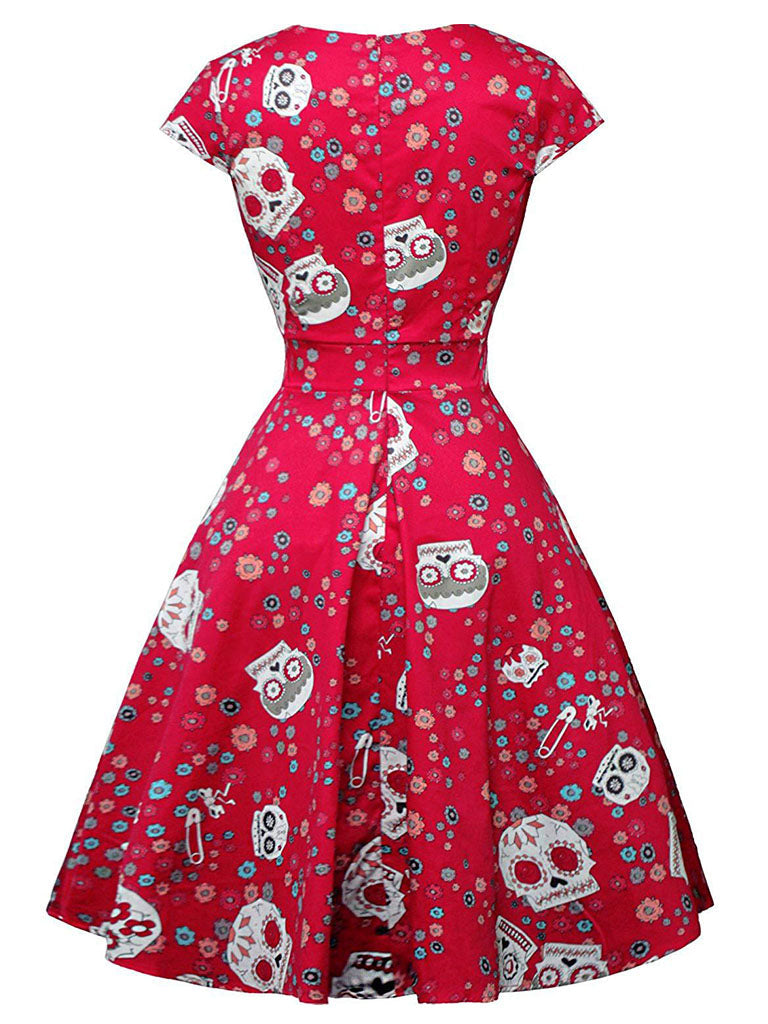Halloween Red Skull Printed V Neck Vintage Dress