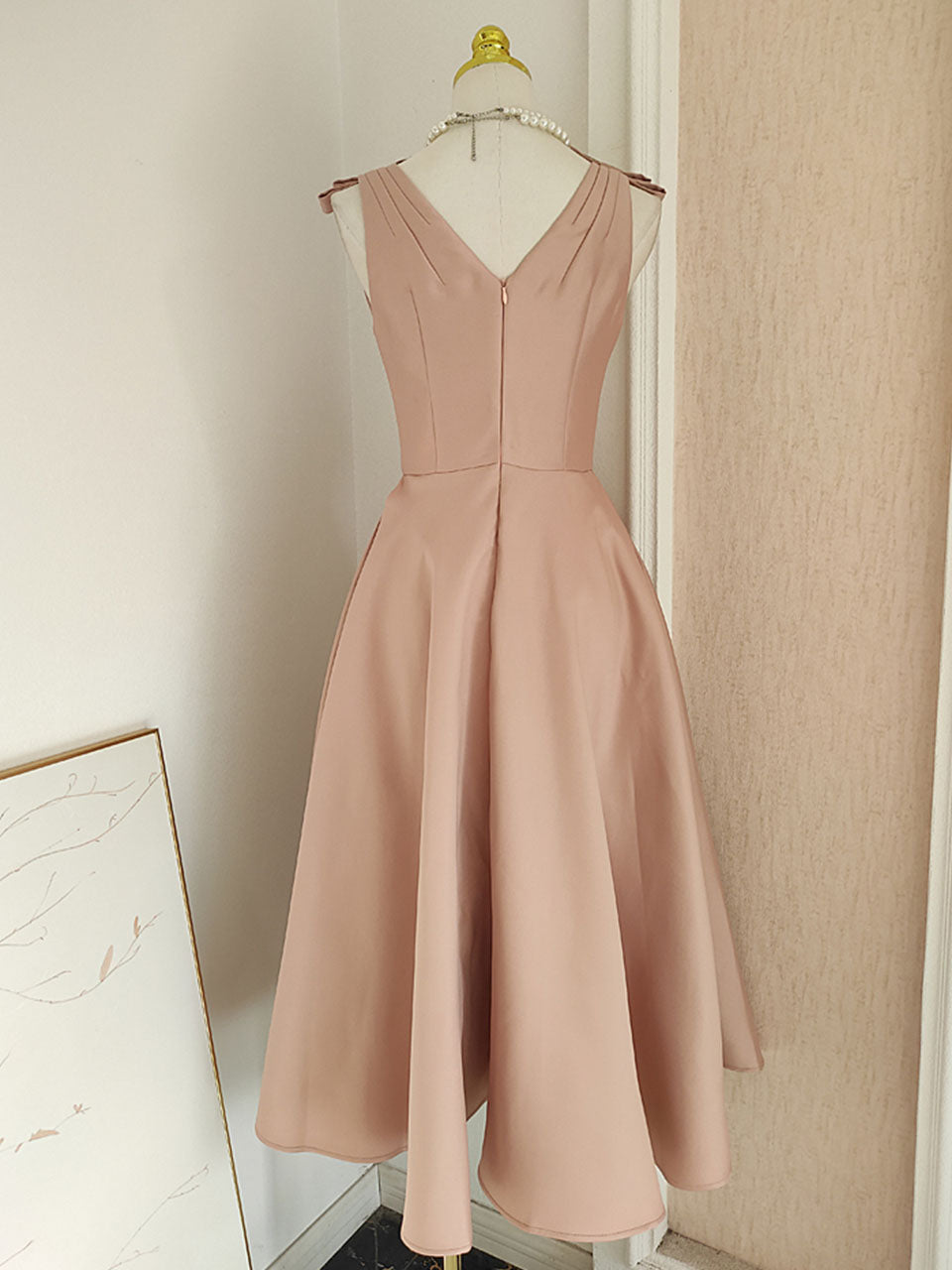 Rose Luxury Button V Neck High Waist Swing Party Dress