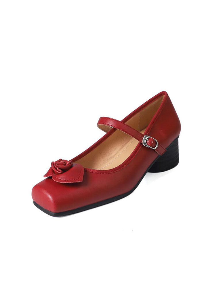 Chunky Heels Square Toe Rose Vintage Ballerina Shoes