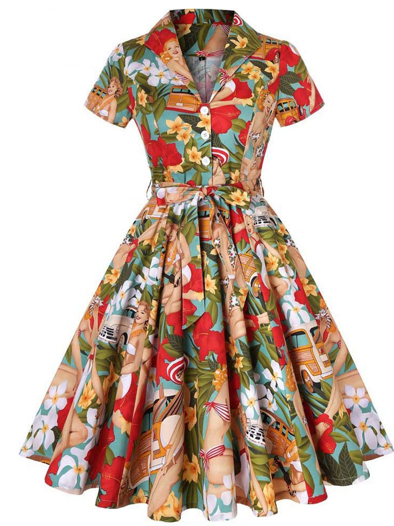 Green 1960S Floral Print Swing Vintage Dress