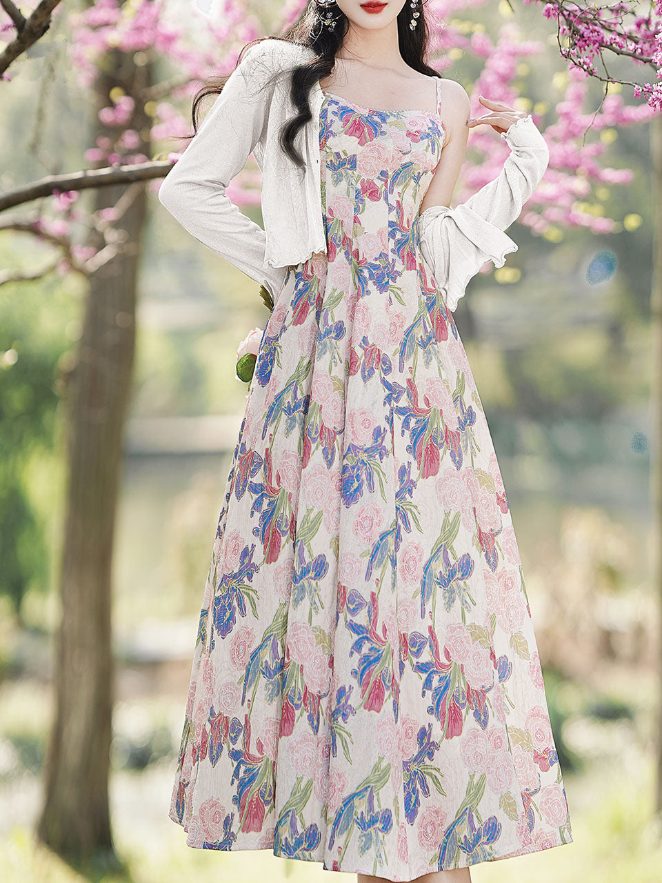 2PS White Floral Print Spaghetti Strap 1950S Vintage Dress