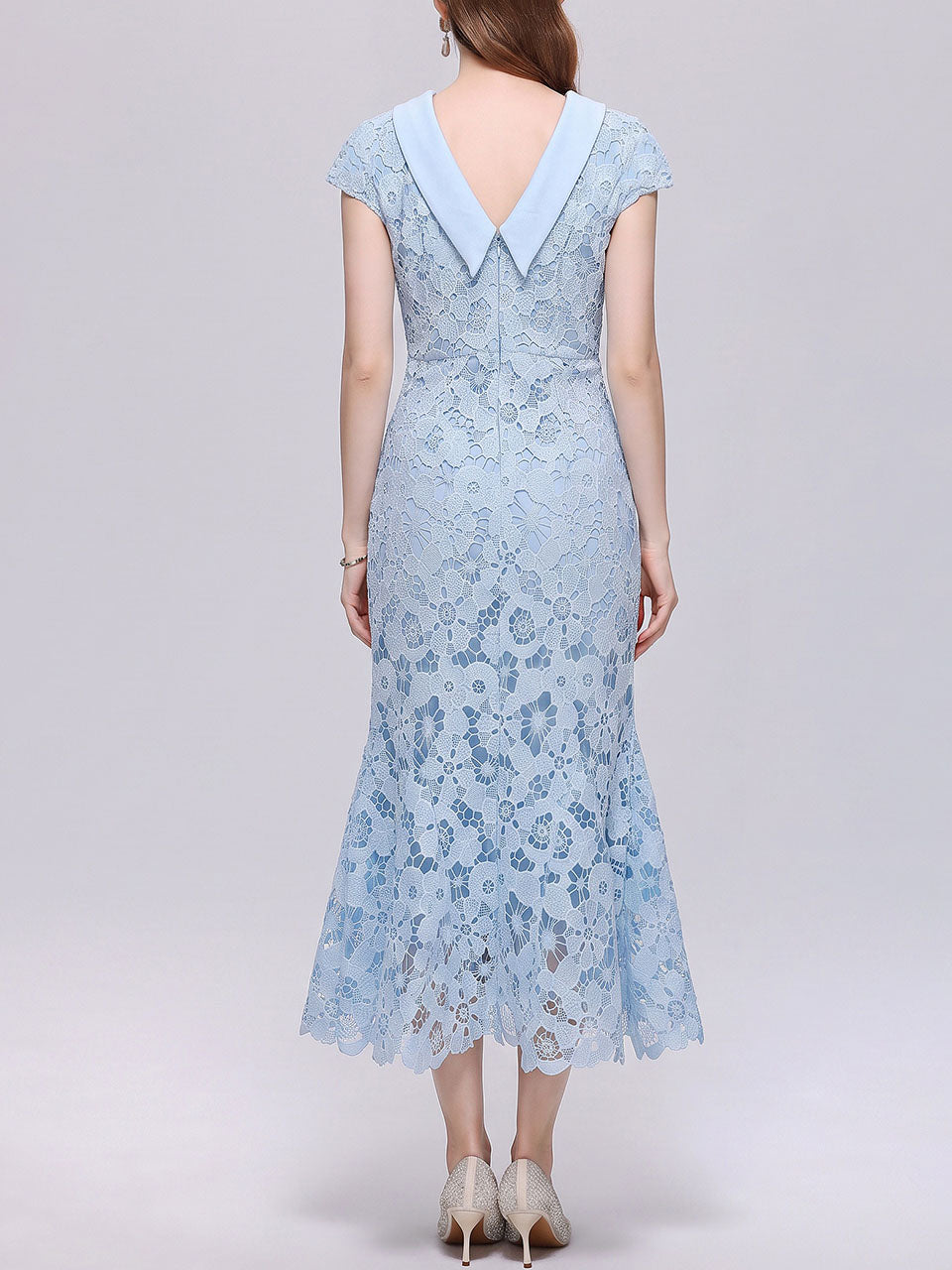 Cream Lace Mermaid Cowl Neck Midi Dress for Wedding