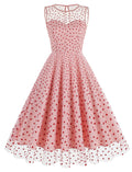 Pink Semi Mesh Sweet Heart Embroidered Sleeveless 50S Swing Dress